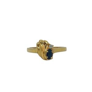 Vintage Gold Plated TAIWAN Prong Set Navy Gemstone & CZ Ring Size 9.25